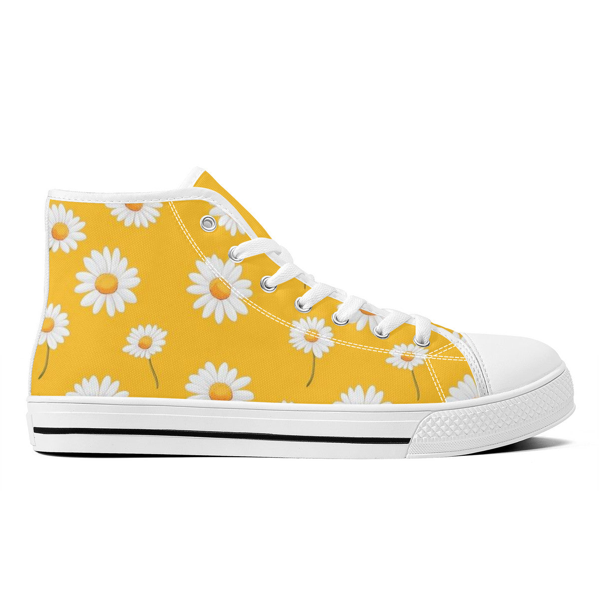 Yellow Floral High Top Shoes Sneakers, White Daisy Flowers Men Women Lace Up Casual Footwear Rave Canvas Streetwear Designer Ladies Guys