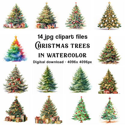 Watercolor Christmas Tree Clipart, 14 JPG Files Digital Instant Download Card Art Printable Images Graphics Wall Nursery Free Commercial Use