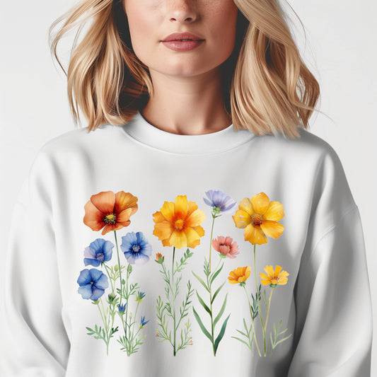 Wildflowers Sweatshirt, Floral Flowers Garden Graphic Crewneck Fleece Cotton Sweater Jumper Pullover Men Women Adult Aesthetic Designer Top