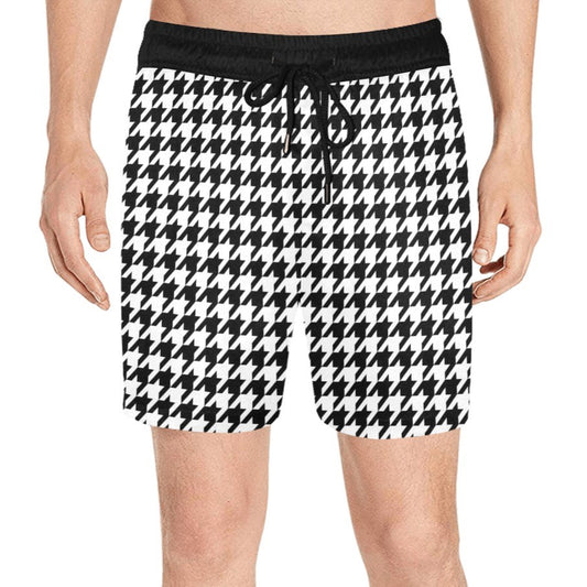 Houndstooth Men Mid Length Shorts, Black White Pattern Beach Swim Trunks Pockets & Mesh Drawstring Casual Bathing Suit Summer Plus Size Male