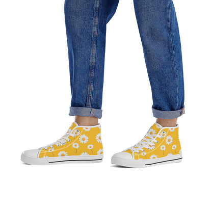 Yellow Floral High Top Shoes Sneakers, White Daisy Flowers Men Women Lace Up Casual Footwear Rave Canvas Streetwear Designer Ladies Guys