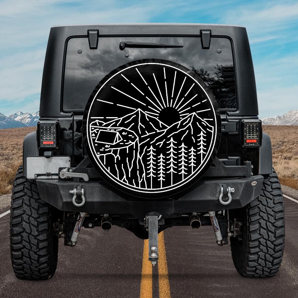 Mountains Spare Tire Wheel Cover, Sun Adventure Travel Custom Rear Extra Back Up Camera Hole Design Back RV Car Auto Lover Gift Camper