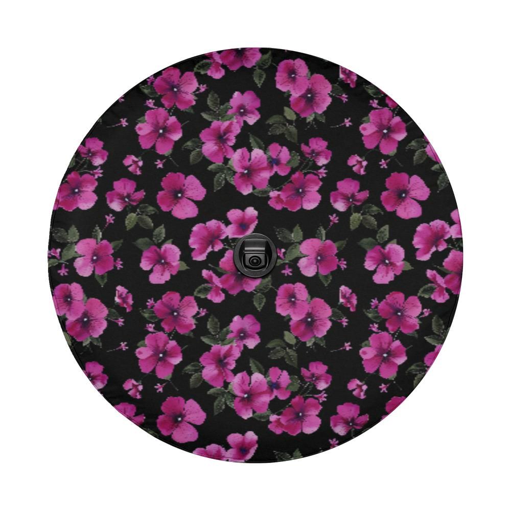 Pink Flowers Spare Tire Cover, Floral Black Backup Camera Hole Unique Back Extra Wheel Cars RV Men Women Girls Trailer Campers