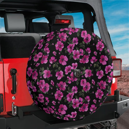 Pink Flowers Spare Tire Cover, Floral Black Backup Camera Hole Unique Back Extra Wheel Cars RV Men Women Girls Trailer Campers