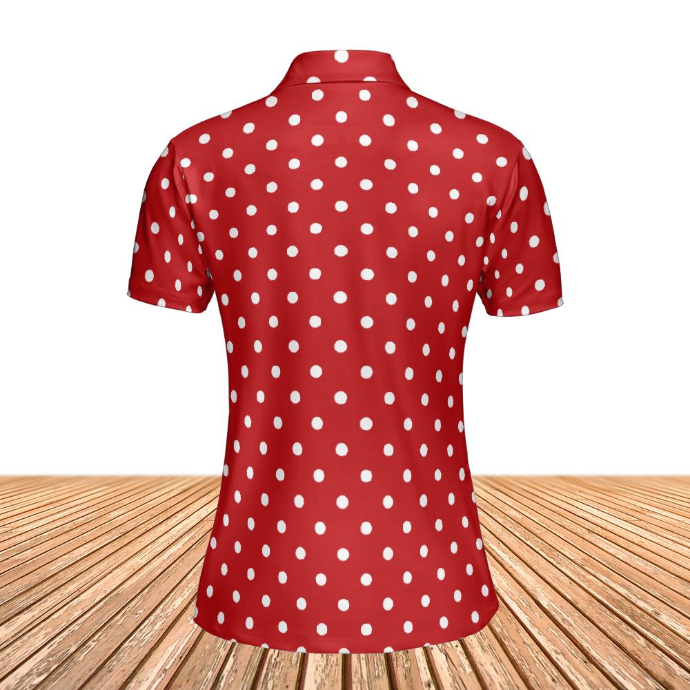 Red Polka Dots Women Polo Shirt, Vintage Retro Ladies Slim Fit Short Sleeve Collared Casual Summer Buttoned Down Up Sports Golf Tee Top