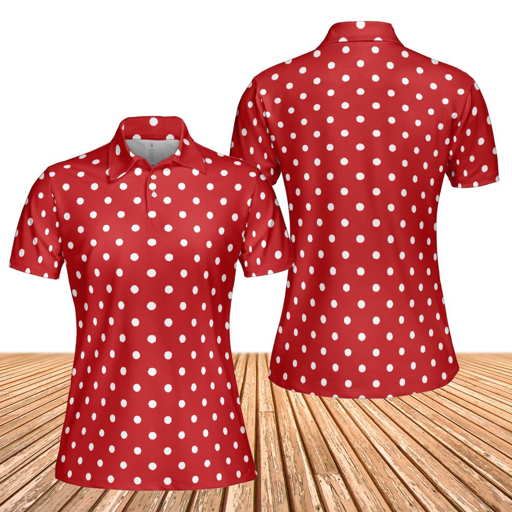 Red Polka Dots Women Polo Shirt, Vintage Retro Ladies Slim Fit Short Sleeve Collared Casual Summer Buttoned Down Up Sports Golf Tee Top