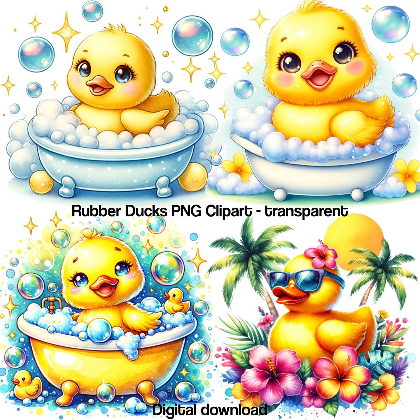 12 Rubber Duck Clipart Bundle Digital Instant Download PNG Files, Cute Yellow Watercolor Art Print Free Commercial Use Sublimation Design