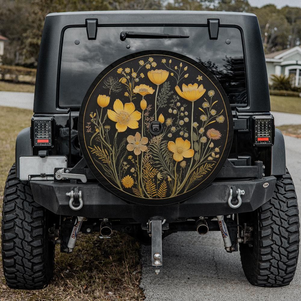 Yellow Flowers Spare Tire Cover, Faux Embroidery Printed Floral Wheel Accessories Unique Design Backup Camera Hole Trailer Back Women RV