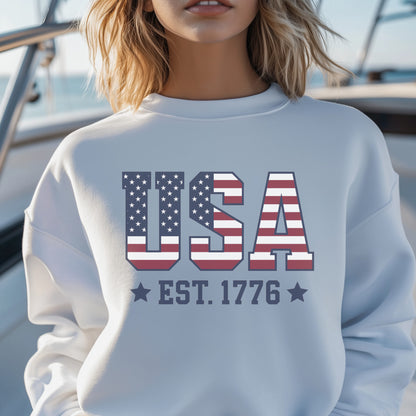 USA Est 1776 Sweatshirt, American Flag Stars Stripes Patriotic Retro Vintage Graphic Crewneck Cotton Sweater Jumper Pullover Men Women Top