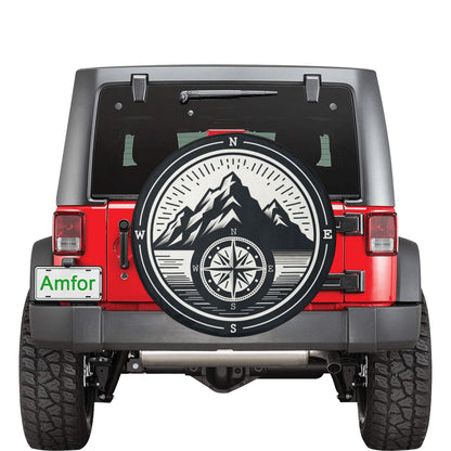 Compass Mountains Spare Tire Wheel Cover, Navigation Travel Custom Back Up Camera Hole Design Rear Back RV Car Lover Gift Camper Motorhome