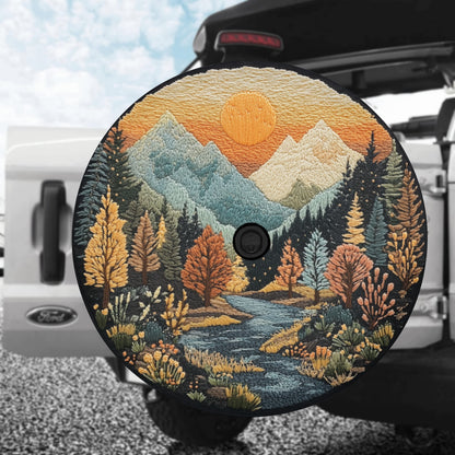 Mountains Spare Tire Wheel Cover, Sunset Boho Flowers Pine Trees Faux Embroidery Back Up Camera Hole Design Backup RV Car Camper Truck Auto