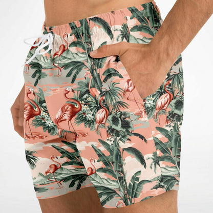 Pink Flamingo Men Swim Trunks, Green Palm Tree Shorts Beach Surf Swimwear Male Back Pockets Mesh Lining Drawstring Bathing Suit Board