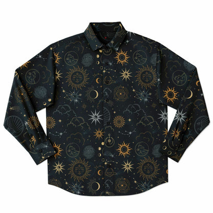 Stars Sun Moon Long Sleeve Men Button Up Shirt, Celestial Space Guys Male Print Buttoned Down Collared Graphic Casual Dress Shirt