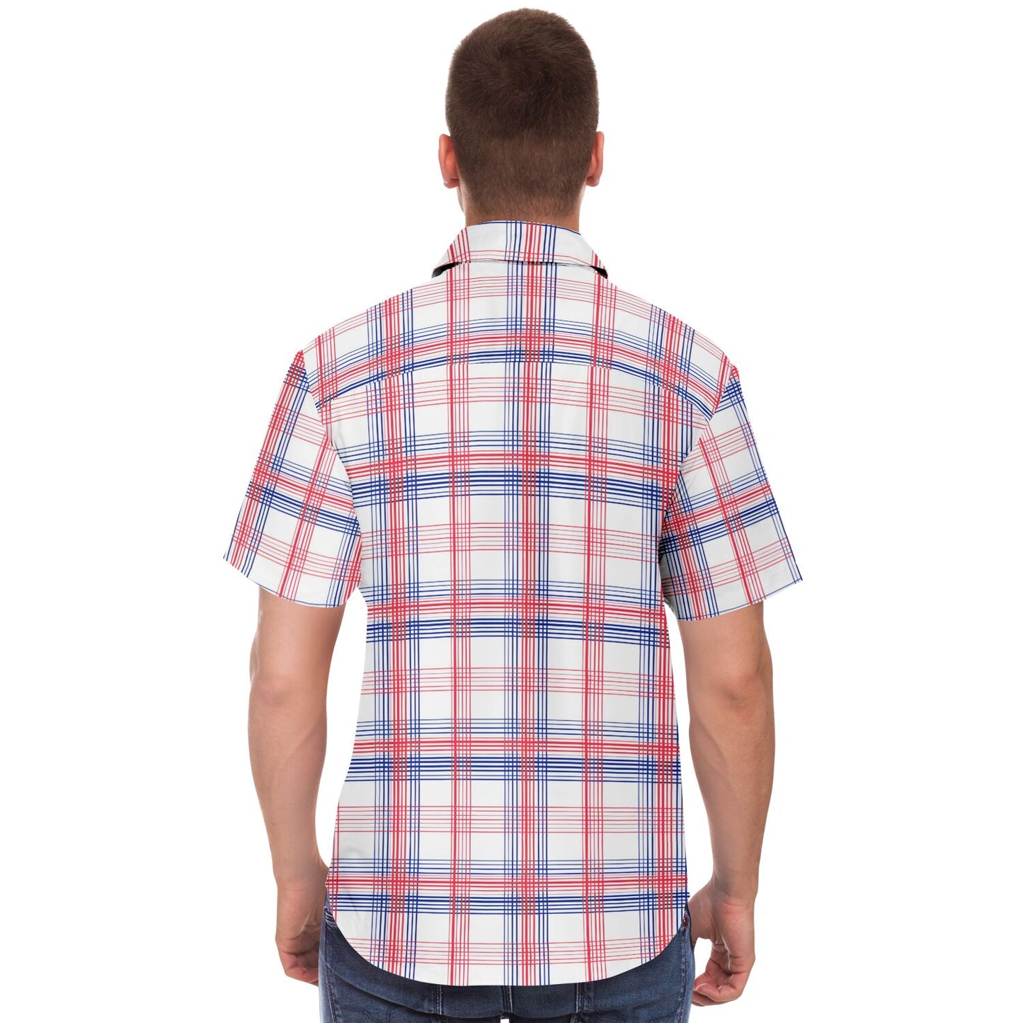 Red White Blue Men Button Up Shirt, Check Plaid Tartan Short Sleeve Print Casual Buttoned Down Summer Male Guys Collared Designer Dress