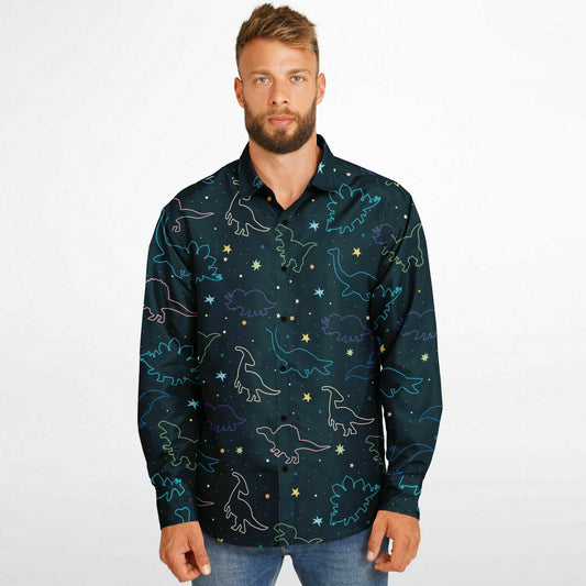 Dinosaur Long Sleeve Men Button Up Shirt, Green Dino Guys Male Print Buttoned Down Collared Graphic Casual Dress Boho Shirt