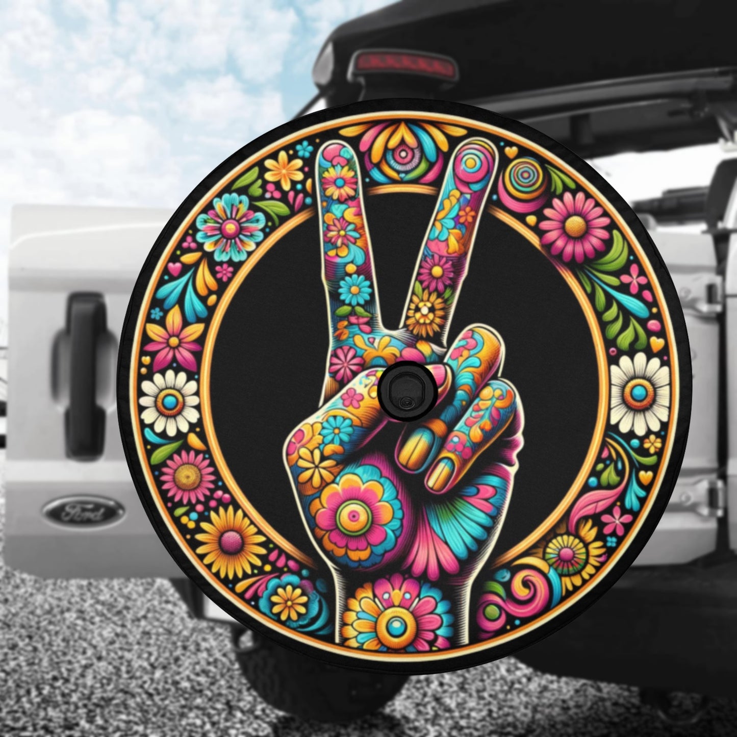 Peace Hand Sign Spare Tire Cover, 70s Flower Floral Power Hippie Black Wheel Auto Back Up Camera Hole Unique Design Women Spare RV Trailer