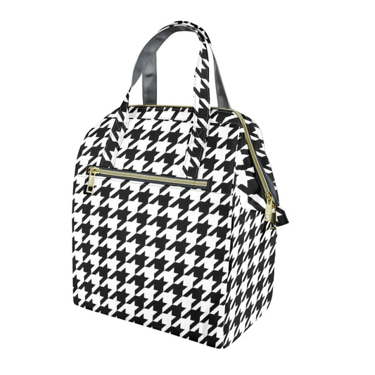 Houndstooth Insulated Lunch Box Bag Tote, Black White Summer Cute Food Container Adult Kids Women Teens Men School Work Handbag Office