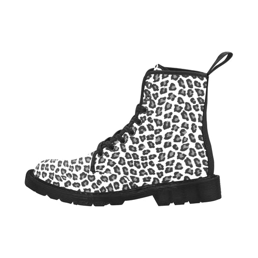 Snow Leopard Women Boots, White Black Animal Print Vegan Canvas Ladies Female Lace Up Shoes Army Ankle Combat Winter Casual Tactical Custom