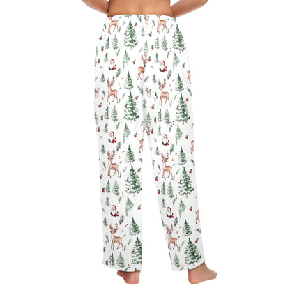 White Christmas Trees Women Pajamas Pants, Reindeer Santa Claus Xmas PJ Pockets Trousers Couples Matching Ladies Female Trousers Bottoms