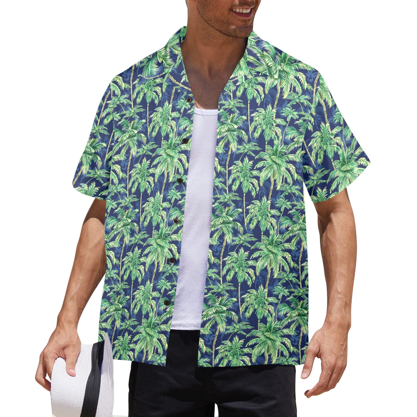 Blue Hawaiian Men Shirt with Palm Trees, Green Beach Print Vintage Aloha Hawaii Retro Summer Tropical Plus Size Pocket Guys Button Down