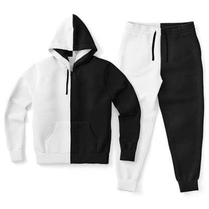 Half Black Half White Zip Hoodie Jogger Sweatsuit Set, Two Tone Split Zipper Lounge Hooded Sweatshirt Sweatpants Women Men Cotton Matching