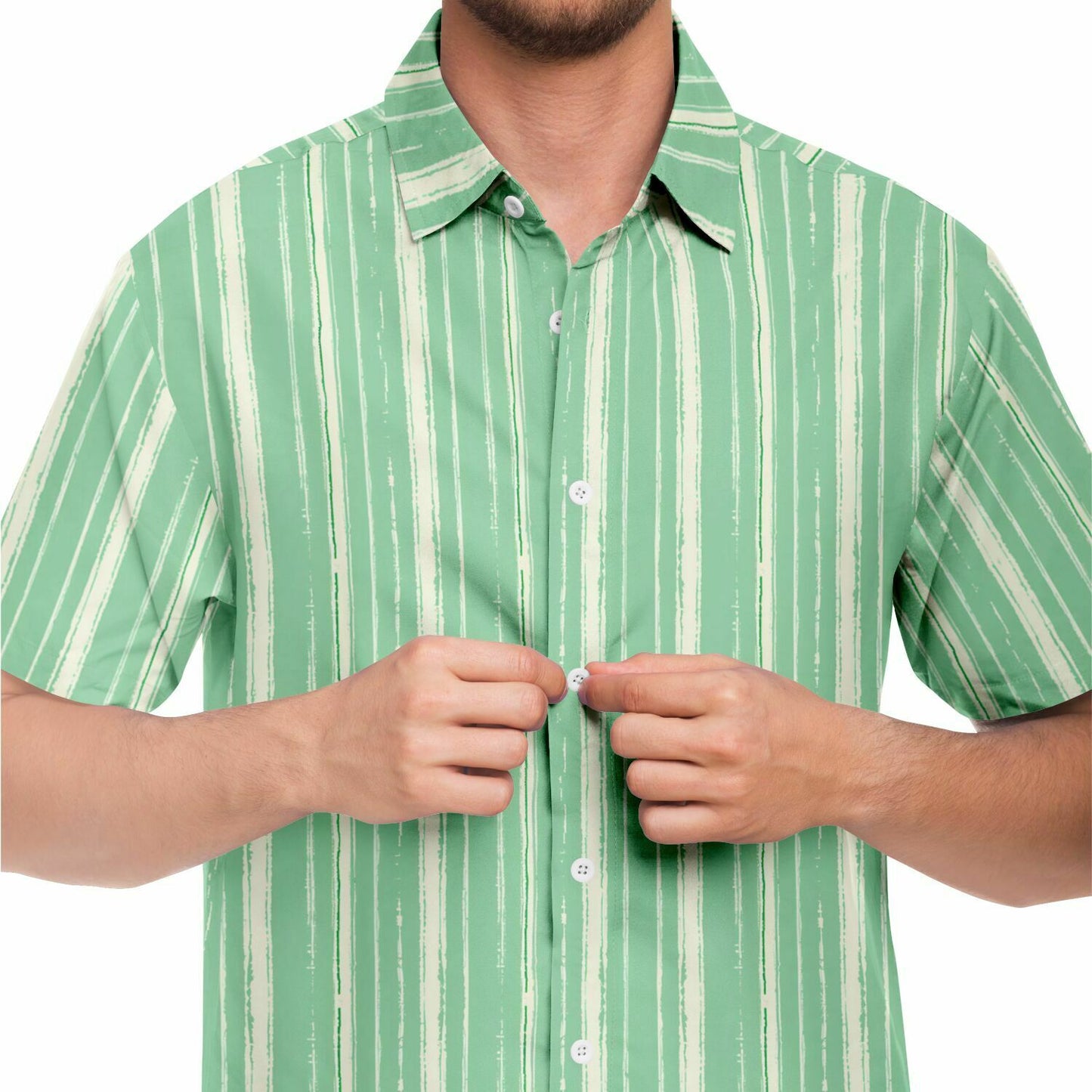 Mint Green Striped Men Button Up Shirt, Vertical Stripe Short Sleeve Print Casual Buttoned Down Summer Male Guys Collared Designer Dress