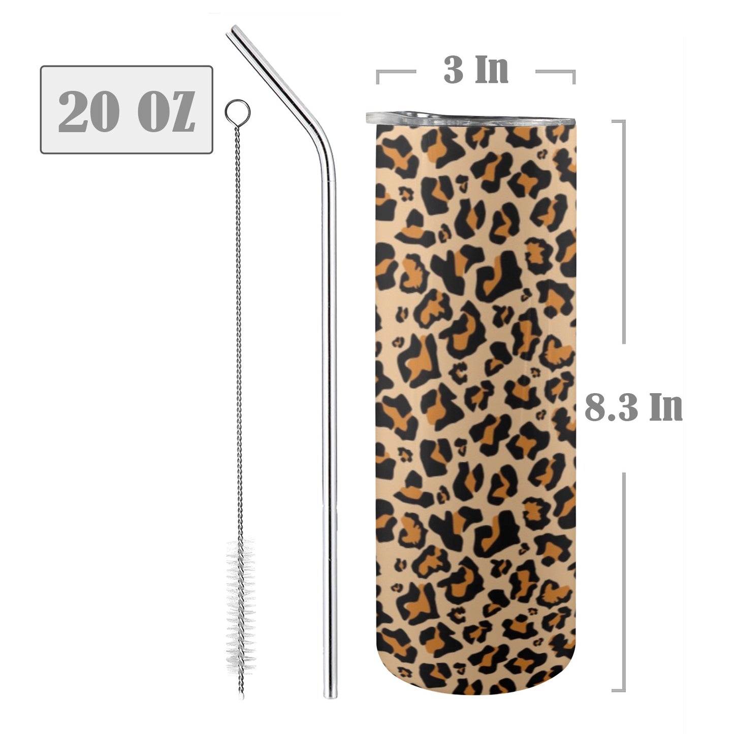 Leopard Tumbler 20oz Lid Straw, Animal Print Cheetah Stainless Steel Travel Mug Insulated Cup Flask Coffee Traveler Custom Gift Men Women