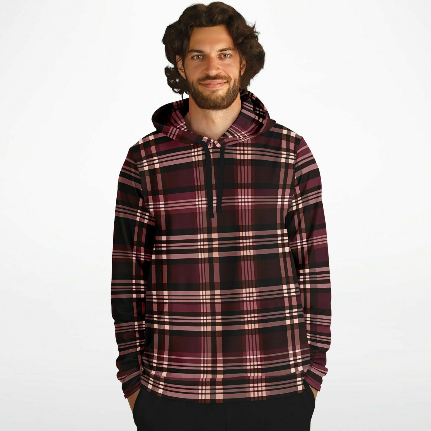 Burgundy Plaid Hoodie Check Tartan Red Pullover Men Women Adult