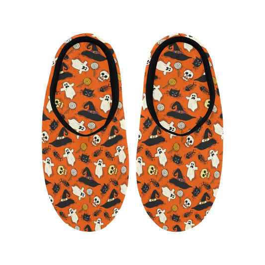 Halloween Women's Slippers, Orange Ghosts Witch Black Cat Ladies Indoor House Slide Bedroom Warm Winter Cozy Designer Slip On Cotton Shoes