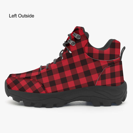 Red Black Buffalo Plaid Hiking Leather Boots, Check Outdoor Walking Men Women Ladies Guys Lace Up Waterproof Rubber Trekking Shoes