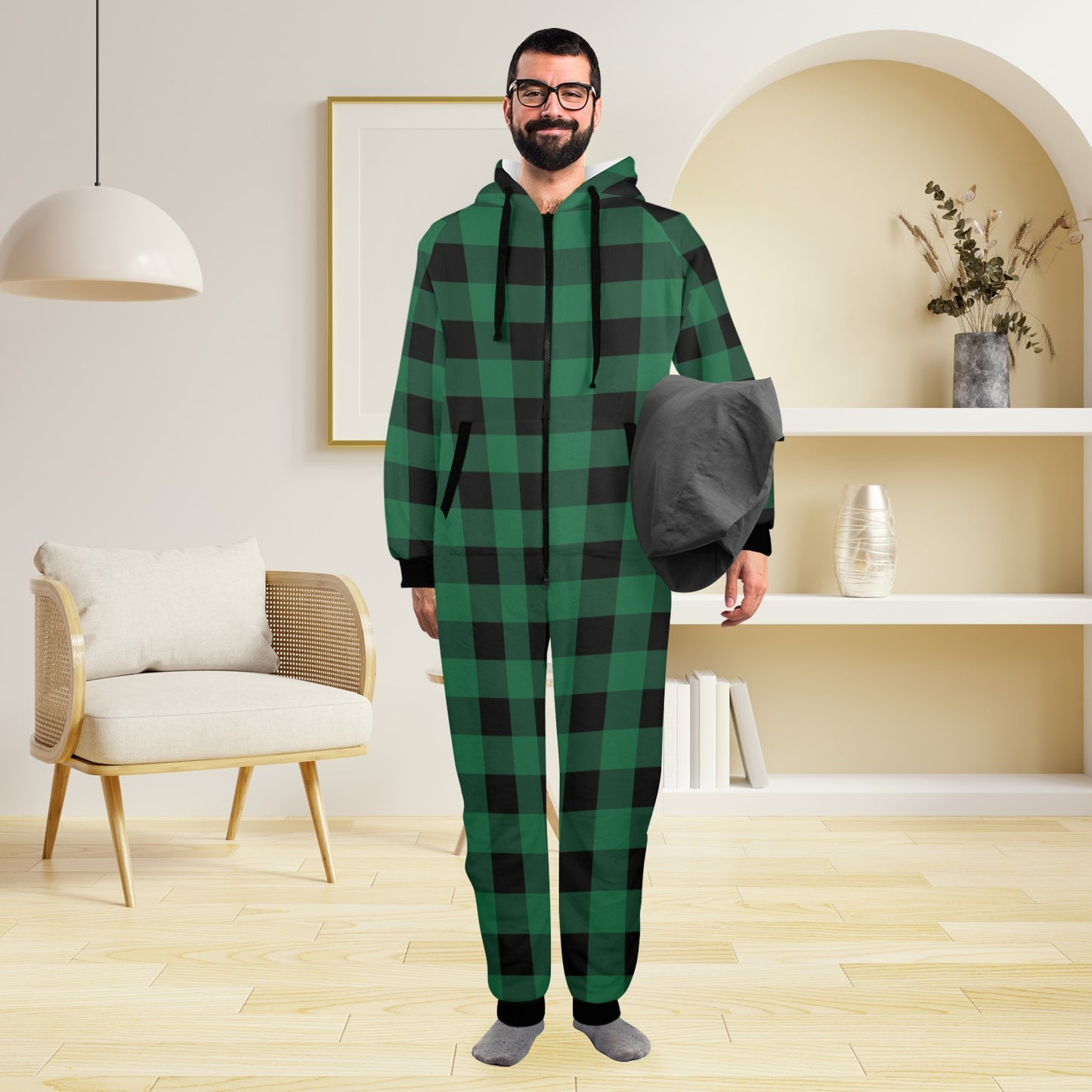 Green Buffalo Plaid One Piece Men Pajama, Black Checkered Christmas Xmas Adult Bodysuit Women Ladies Flannel Long Sleeve Hooded PJ Romper