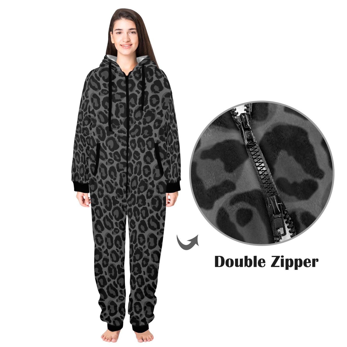 Black Leopard One Piece Men Pajama, Grey Animal Cheetah Print Adult Bodysuit Women Ladies Flannel Long Hooded PJ Romper Plus Size Loungewear