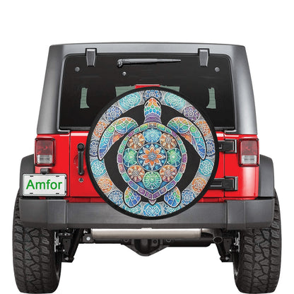 Mandala Sea Turtle Spare Tire Cover, Colorful Watercolor Art Rear Backup Camera Hole Tribal Hawaiian Back Wheel Car Beach Unique RV Camper