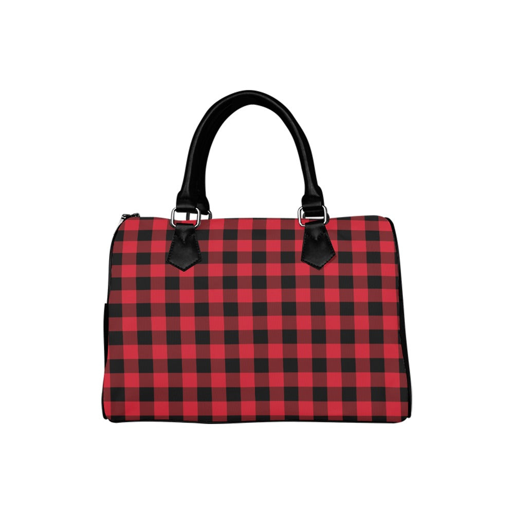 Red and Black Buffalo Plaid Handbag, Women Ladies Checkered Check Print Canvas Leather Top Handle Barrel Boston Type Designer Purse Bag