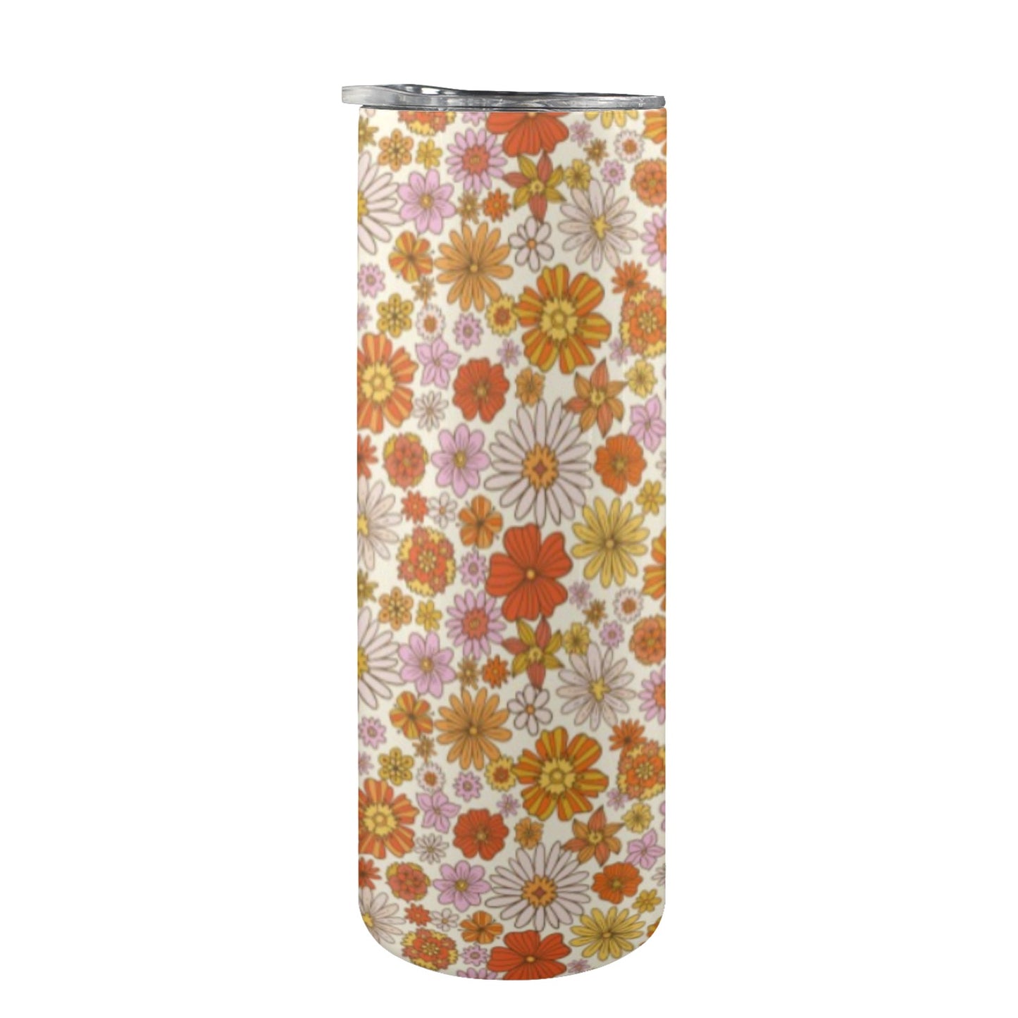 Retro Floral Tumbler 20oz Lid Straw, Flowers Orange Pink Vintage Stainless Steel Travel Mug Insulated Cup Flask Coffee Traveler Custom Women