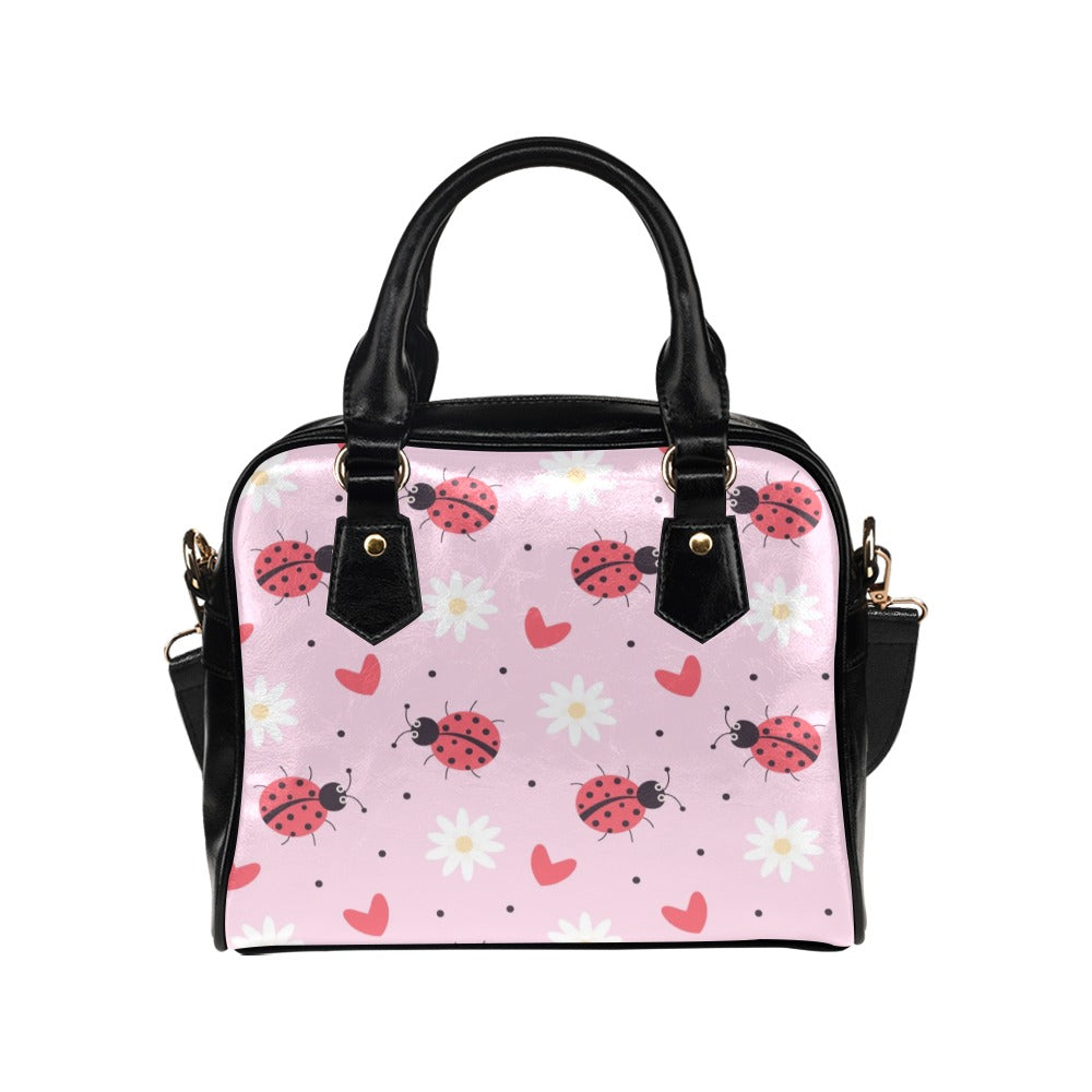 Ladybug Shoulder Purse, Cute Pink Daisy Floral Small Retro Vintage Vegan Leather Women Designer Handbag with Strap Crossbody Ladies Bag