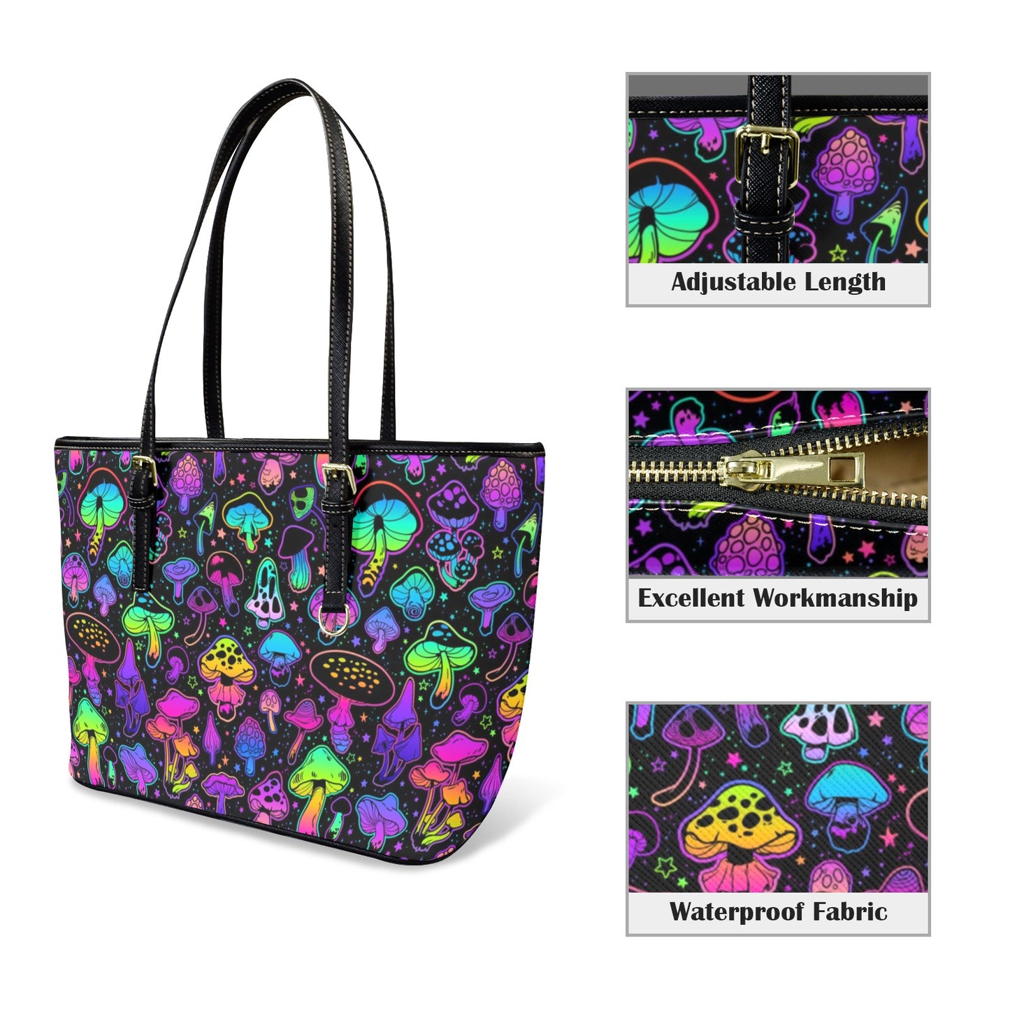 Mushroom Tote Bag Purse, Colorful Psychedelic Witchy Art Women Vegan Leather Handbag  Zip on Top Designer Handmade Shoulder Ladies Bag