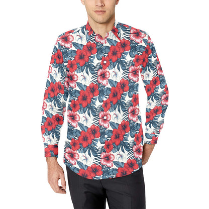 Red White Blue Hibiscus Long Sleeve Men Button Up Shirt, Floral Flowers Tropical Print Male Guys Buttoned Down Collar Casual Dress Shirt