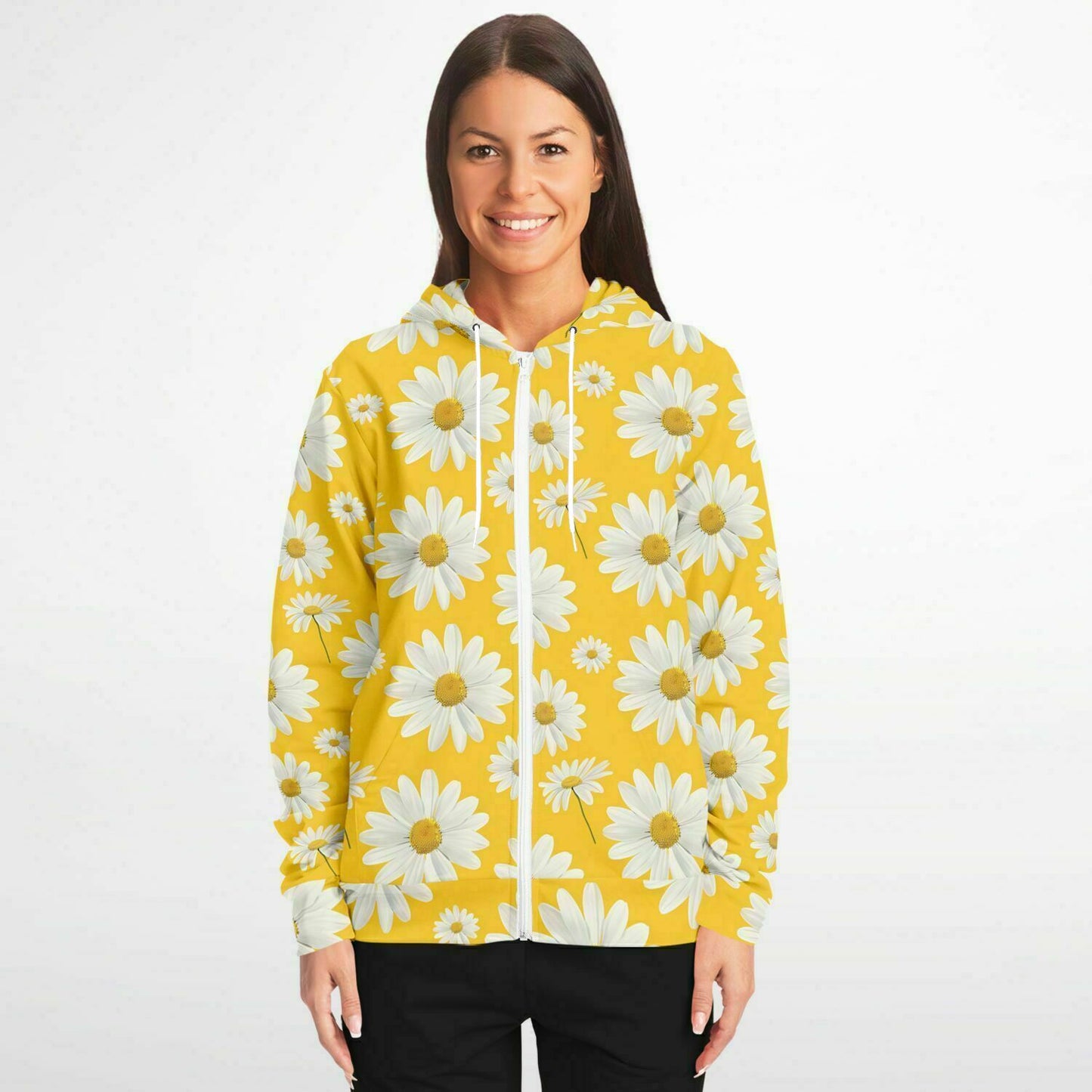 Daisy Yellow Zip Up Hoodie, Floral Flowers Full Zipper Pocket Men Women Unisex Adult Aesthetic Graphic Cotton Fleece Hooded Sweatshirt