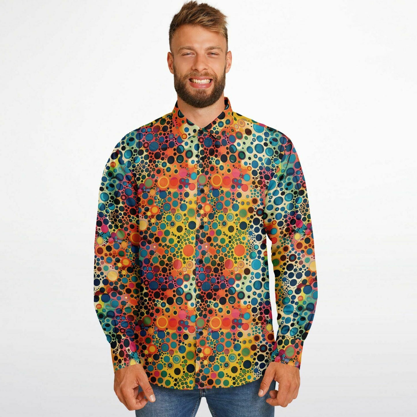 Psychedelic Long Sleeve Men Button Up Shirt, Funky Trippy Fun Festival Retro Vintage Guys Male Print Buttoned Down Collared Graphic Casual