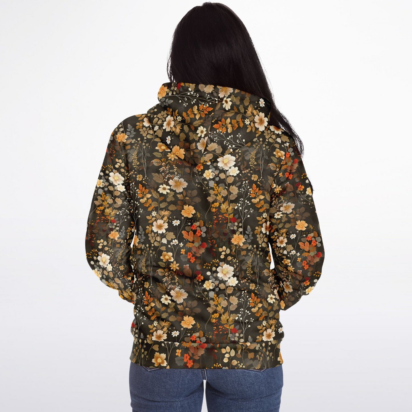 Floral Zip Up Fleece Lined Hoodie, Flowers Brown Heavyweight Full Zipper Pocket Men Women Ladies Unisex Aesthetic Hooded Sweatshirt Jacket