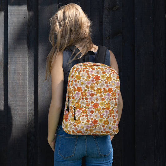 Floral Backpack, Retro Flowers Daisy Pink Orange 15" Laptop Men Women Kids Her School College Waterproof Pockets Canvas Bag