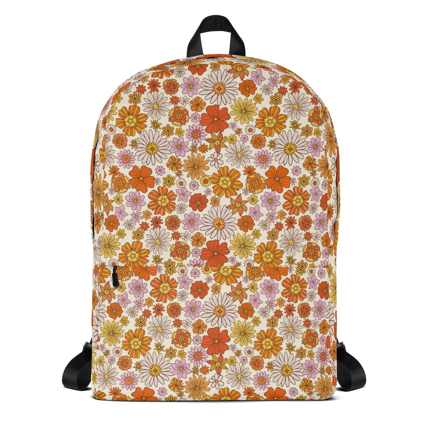 Floral Backpack, Retro Flowers Daisy Pink Orange 15" Laptop Men Women Kids Her School College Waterproof Pockets Canvas Bag