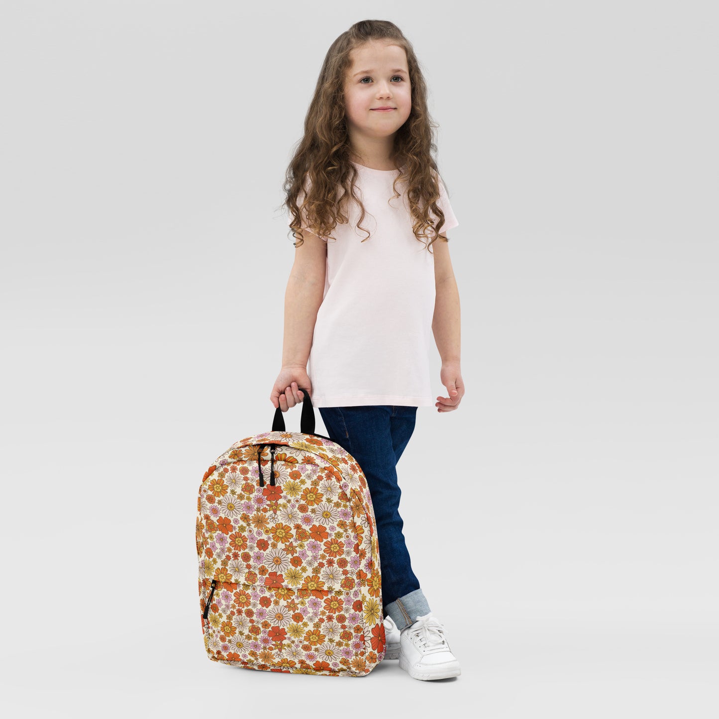 Floral Backpack, Retro Flowers Daisy Pink Orange 15" Laptop Men Women Kids Her School College Waterproof Pockets Canvas Bag