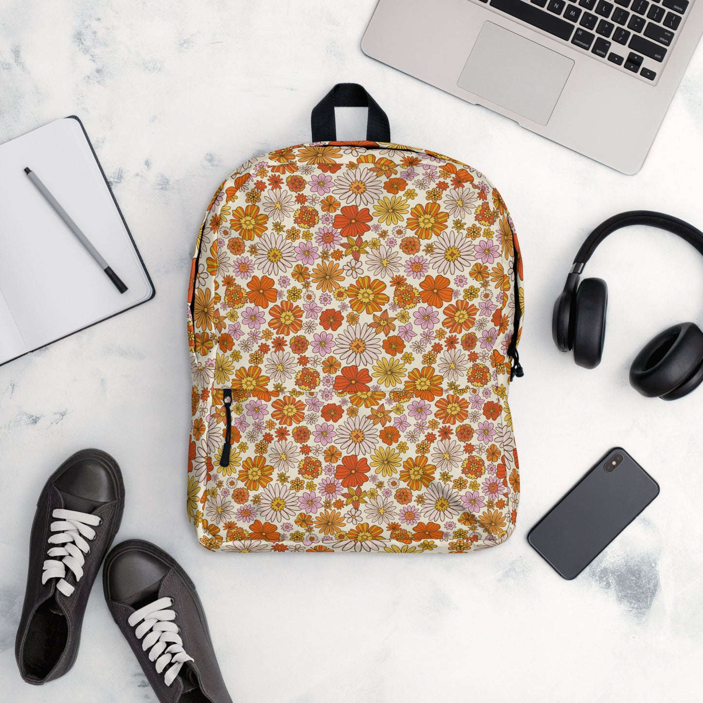 Floral Backpack, Retro Flowers Daisy Pink Orange 15" Laptop Men Women Kids Her School College Waterproof Pockets Canvas Bag