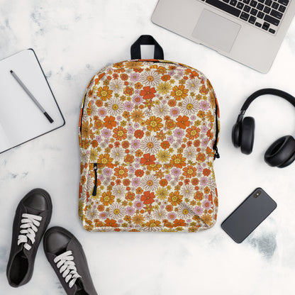 Floral Backpack, Retro Flowers Daisy Pink Orange 15" Laptop Men Women Kids Her School College Waterproof Pockets Canvas Bag