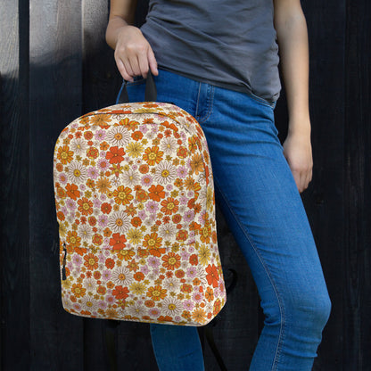 Floral Backpack, Retro Flowers Daisy Pink Orange 15" Laptop Men Women Kids Her School College Waterproof Pockets Canvas Bag