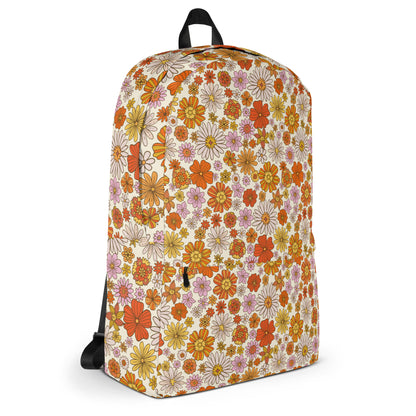 Floral Backpack, Retro Flowers Daisy Pink Orange 15" Laptop Men Women Kids Her School College Waterproof Pockets Canvas Bag