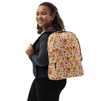 Floral Backpack, Retro Flowers Daisy Pink Orange 15" Laptop Men Women Kids Her School College Waterproof Pockets Canvas Bag