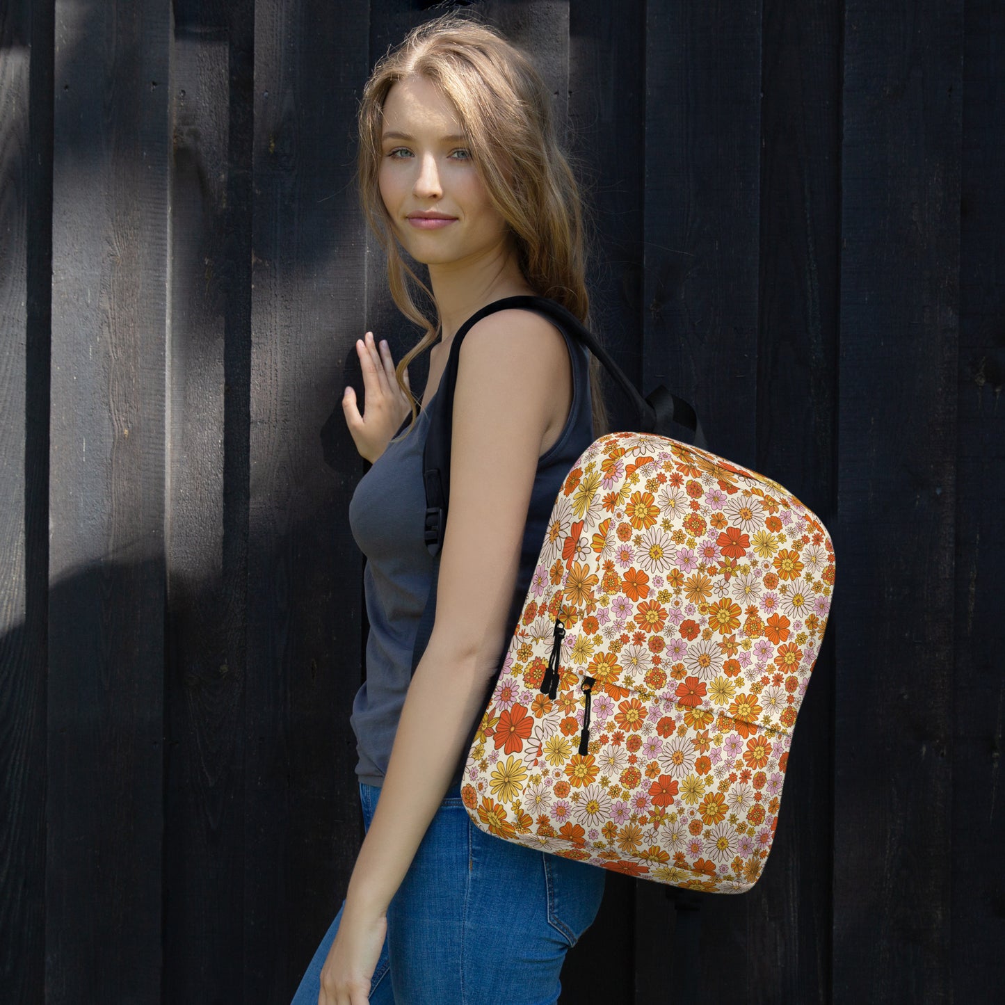 Floral Backpack, Retro Flowers Daisy Pink Orange 15" Laptop Men Women Kids Her School College Waterproof Pockets Canvas Bag